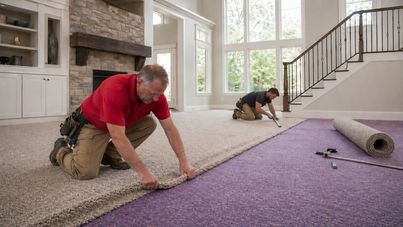 Installers laying new carpet over purple carpet padding in a bright living room