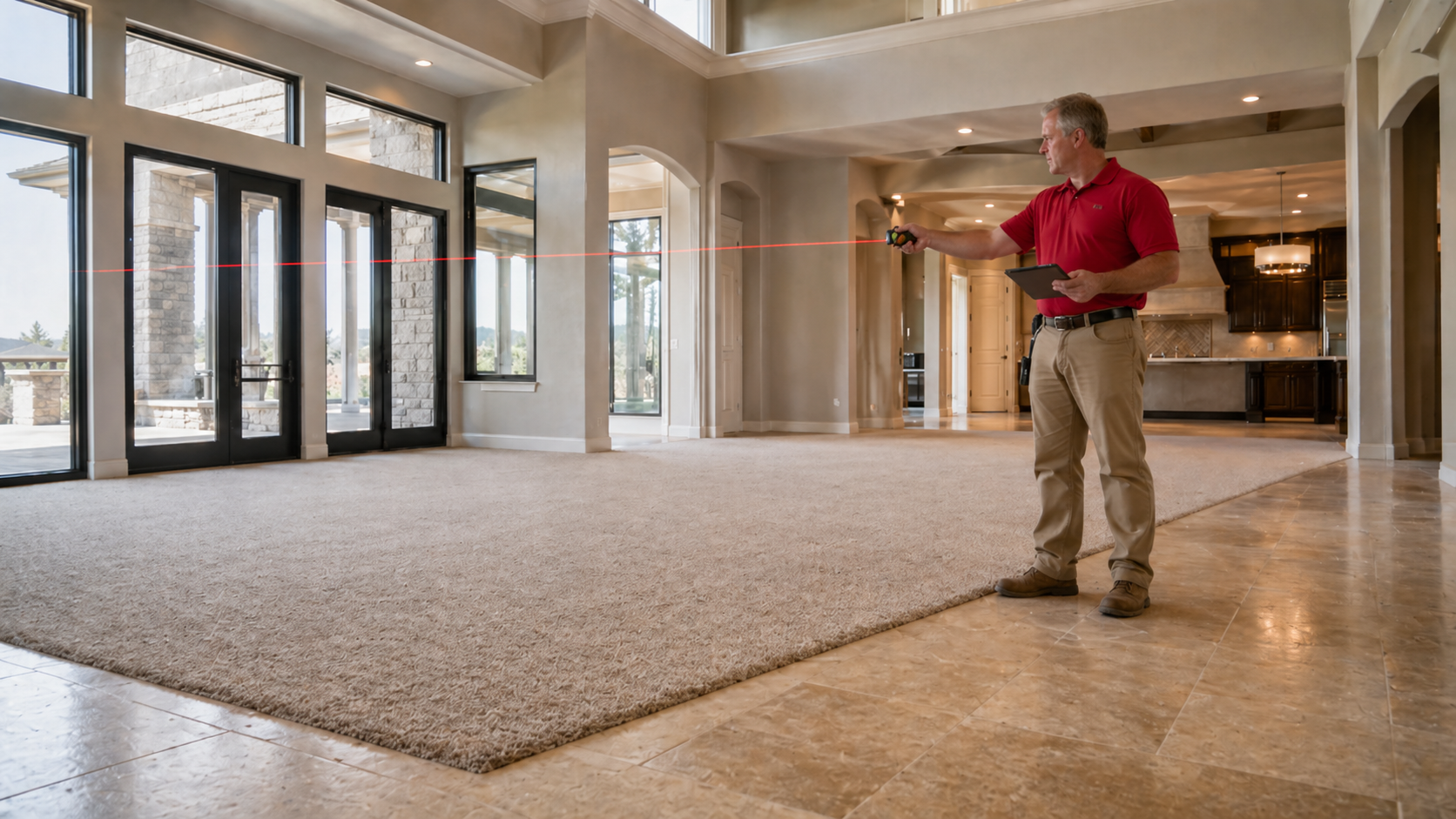 Laser measuring tool in use on a hardwood floor to size up the room